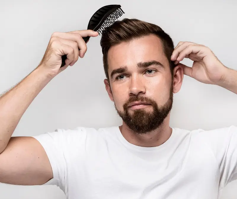 Front view man brushing his hair